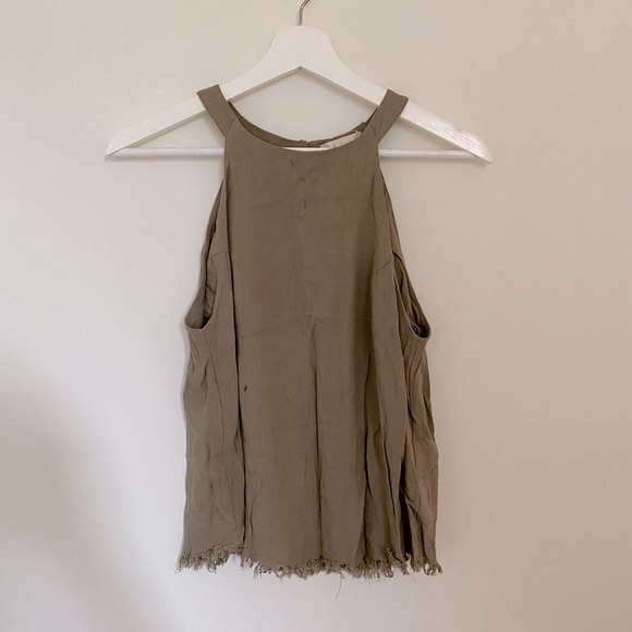 Altar’d State Tank Top Olive Green Frayed Hem Button Back Halter Neck Small Knit - Picture 1 of 9